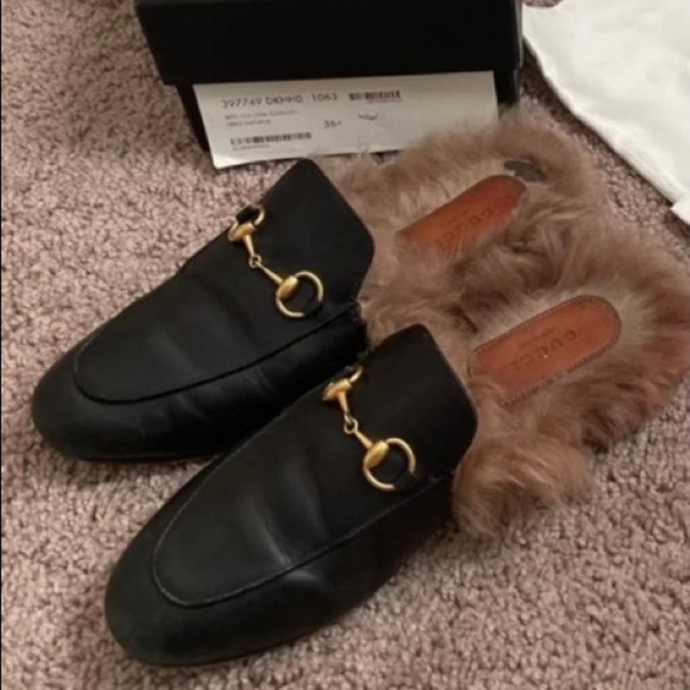Gucci Princetown leather fur flat slippers.